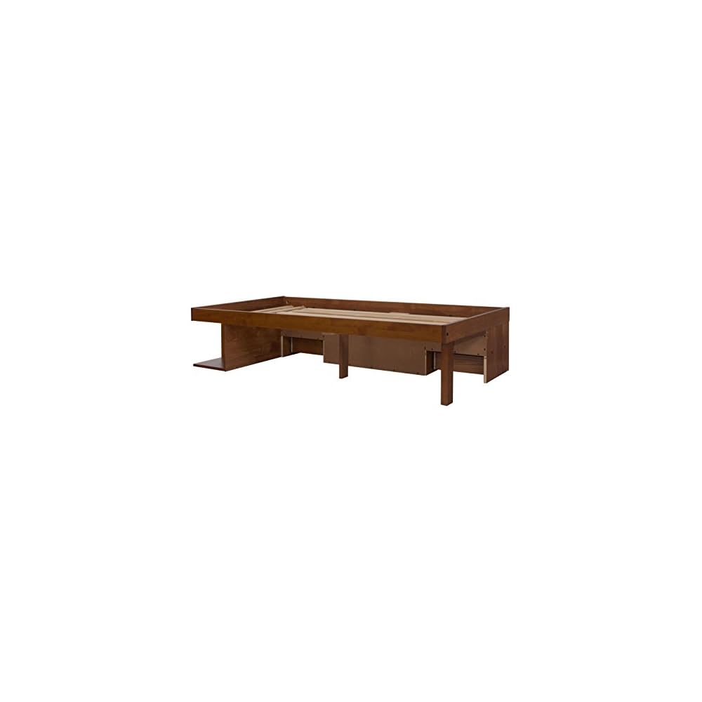 memomad Bali Twin Size Storage Platform Bed with 2 Drawers, 6 Shelves, 1 Door Cabinet, 1 Pullout Nightstand, Solid Pine Wood Bed Frame with Underbed Storage, No Box Spring Needed, Caramel Brown