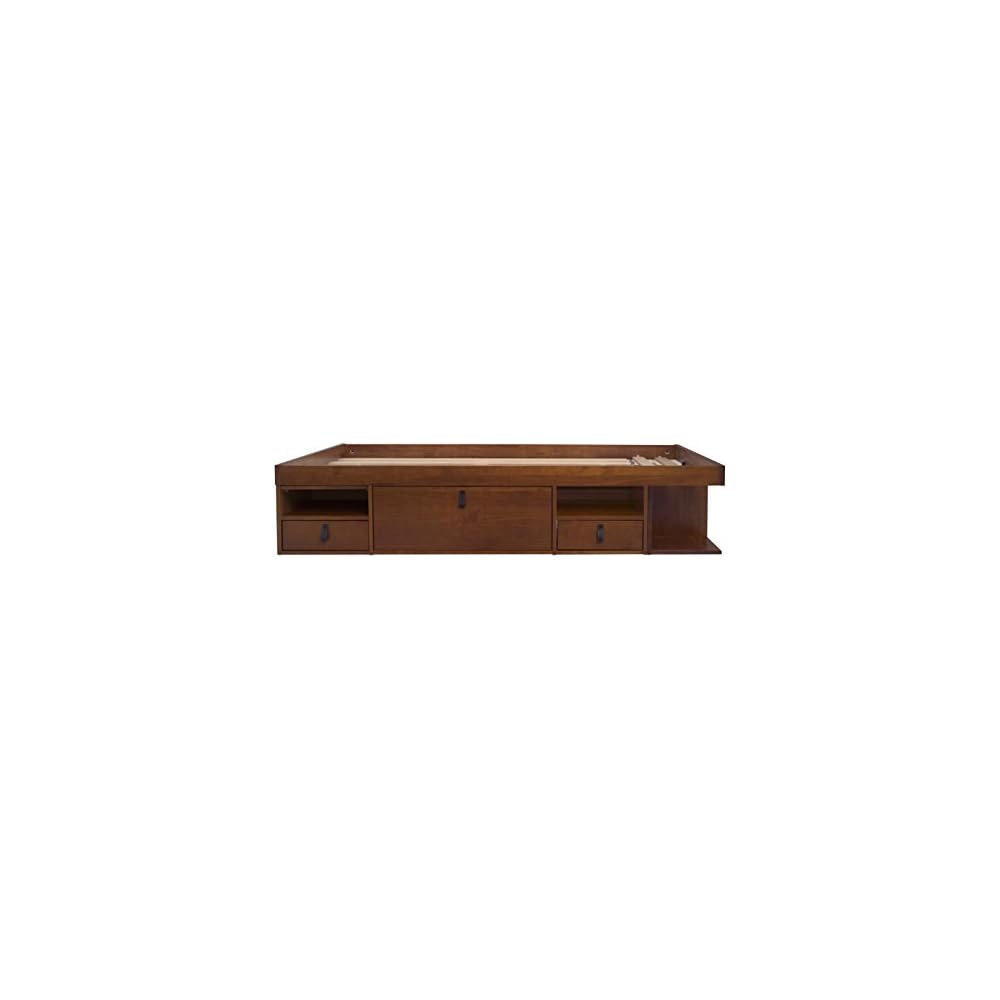 memomad Bali Twin Size Storage Platform Bed with 2 Drawers, 6 Shelves, 1 Door Cabinet, 1 Pullout Nightstand, Solid Pine Wood Bed Frame with Underbed Storage, No Box Spring Needed, Caramel Brown