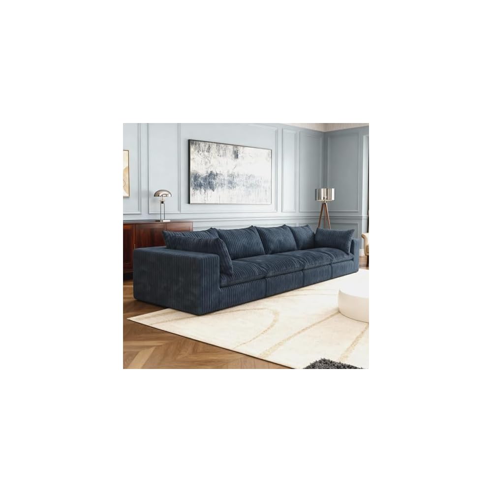 Oversized 158 "W Corduroy Boneless Couches for Living Room, No Assembly Required, Modular Sectional Sofa, Thick Cushion&Memory foam, Compress Upholstered Couches for Apartment/Office (Blue, 4 Seater)