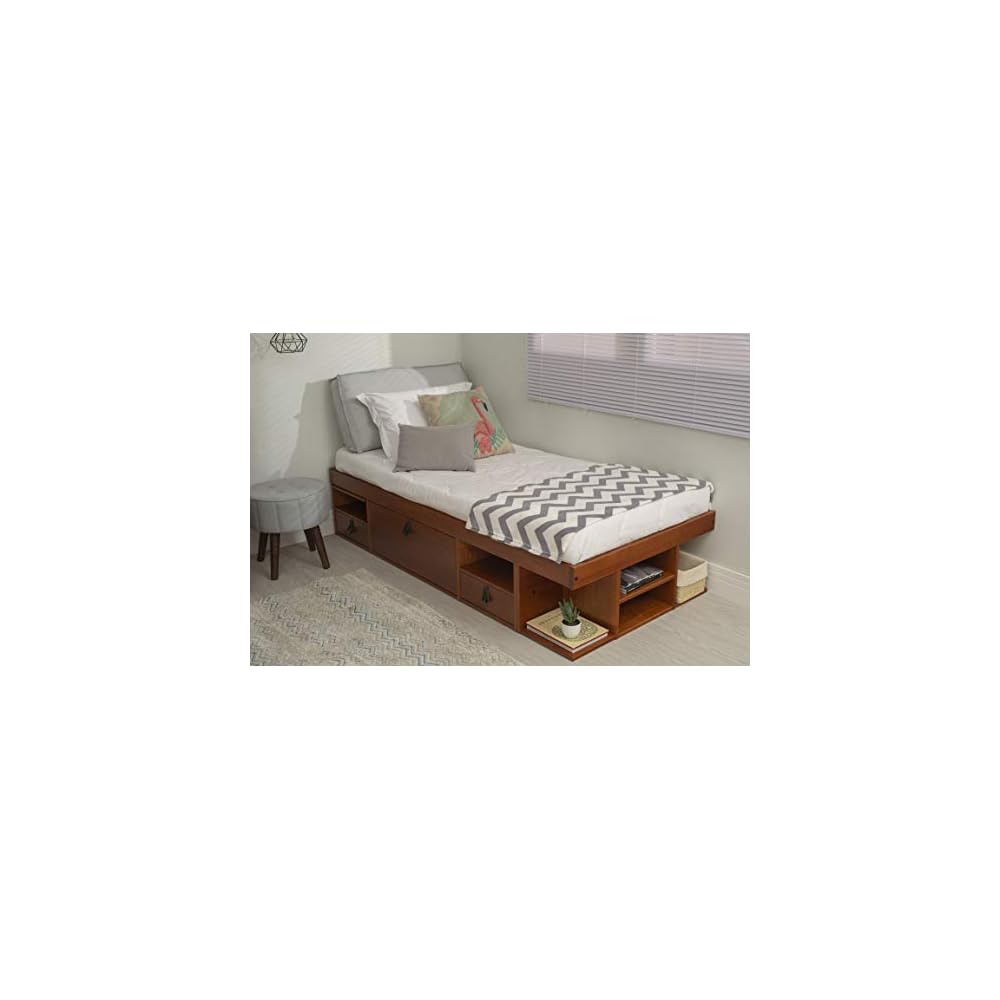memomad Bali Twin Size Storage Platform Bed with 2 Drawers, 6 Shelves, 1 Door Cabinet, 1 Pullout Nightstand, Solid Pine Wood Bed Frame with Underbed Storage, No Box Spring Needed, Caramel Brown