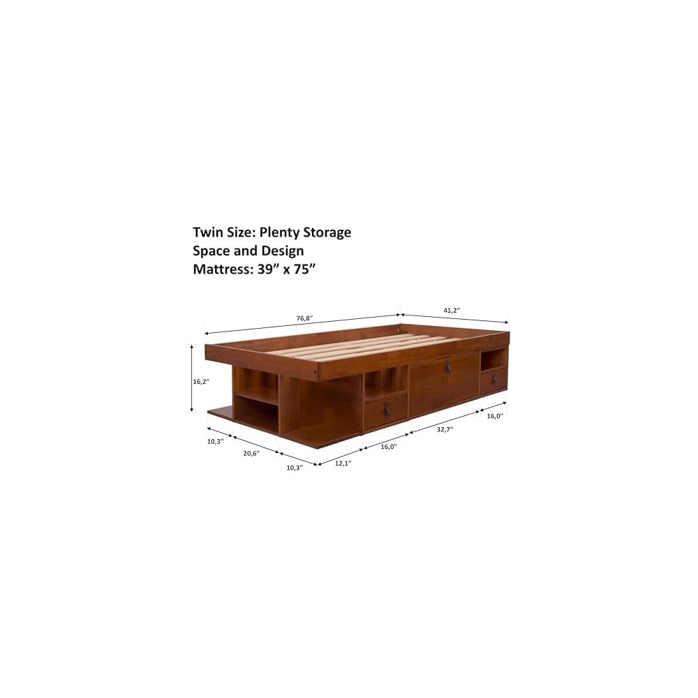 memomad Bali Twin Size Storage Platform Bed with 2 Drawers, 6 Shelves, 1 Door Cabinet, 1 Pullout Nightstand, Solid Pine Wood Bed Frame with Underbed Storage, No Box Spring Needed, Caramel Brown