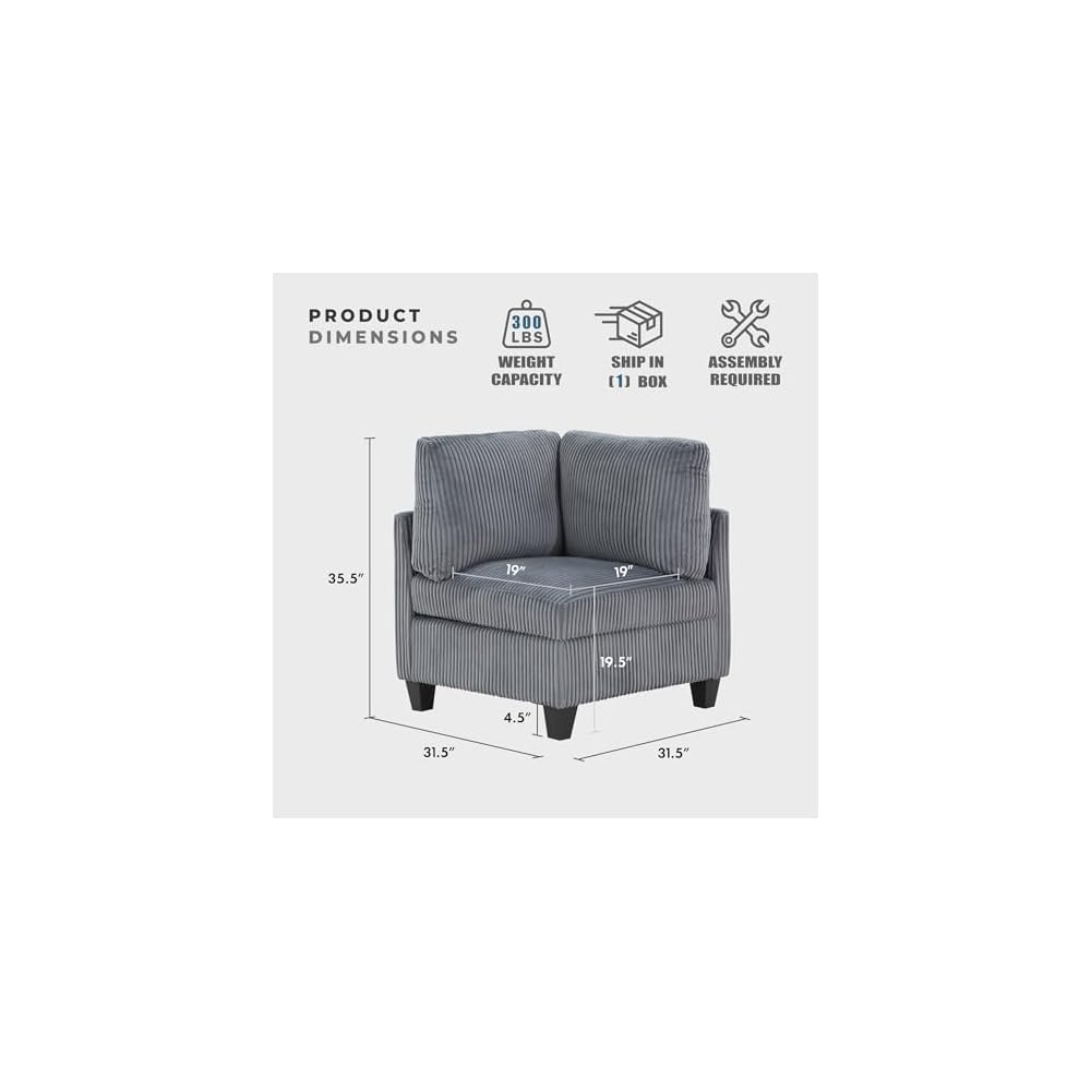 Lexicon Modular Sectional Sofa for Living Room, Corduroy Corner Seat with Storage, Units of Modular Sectional Couch, Upholstered Chair for Customizable Sectional Sofa Couch, Grey