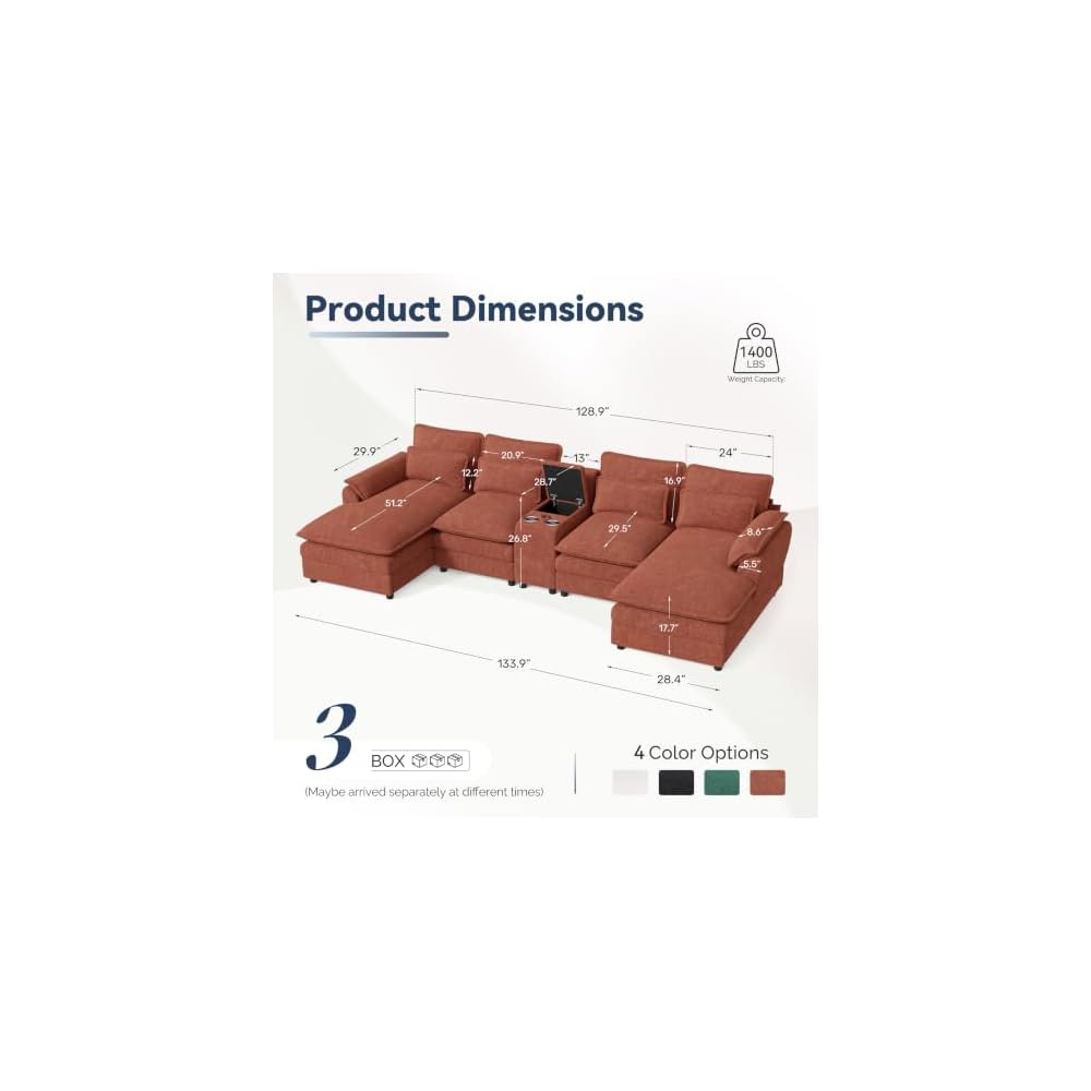 134" U Shaped Modular Sectional Sofa, Oversized Cloud Couch with Double Chaise Lounge, Storage Console, Cup Holders & USB Port, Comfy Chenille Deep Seat Couch Set for Living Room, Brown