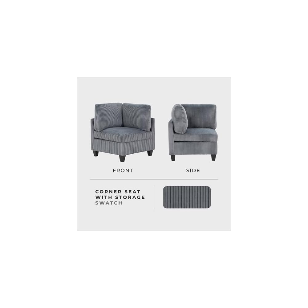 Lexicon Modular Sectional Sofa for Living Room, Corduroy Corner Seat with Storage, Units of Modular Sectional Couch, Upholstered Chair for Customizable Sectional Sofa Couch, Grey