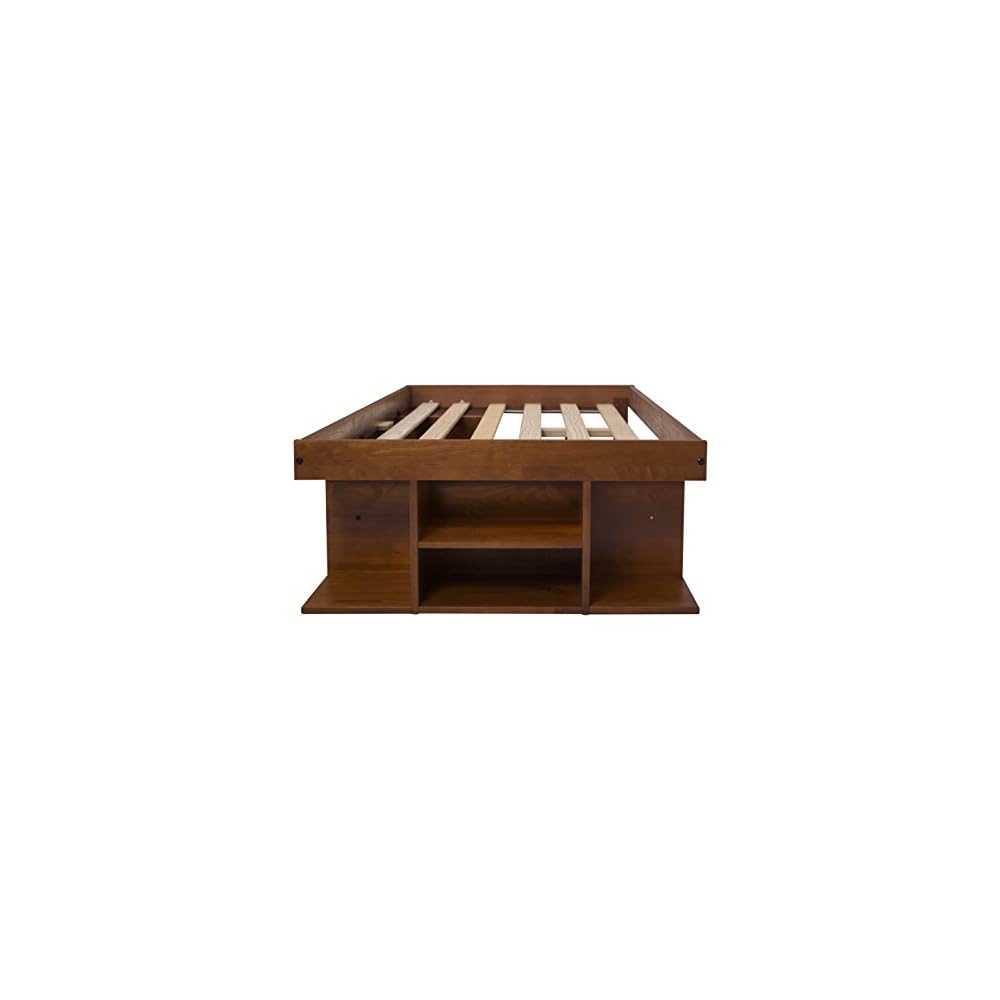 memomad Bali Twin Size Storage Platform Bed with 2 Drawers, 6 Shelves, 1 Door Cabinet, 1 Pullout Nightstand, Solid Pine Wood Bed Frame with Underbed Storage, No Box Spring Needed, Caramel Brown