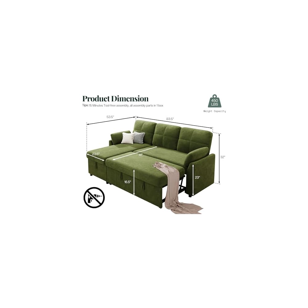 Jocisland Sleeper Sofa with Storage, Sofa Bed with Pull Out Couch, Green