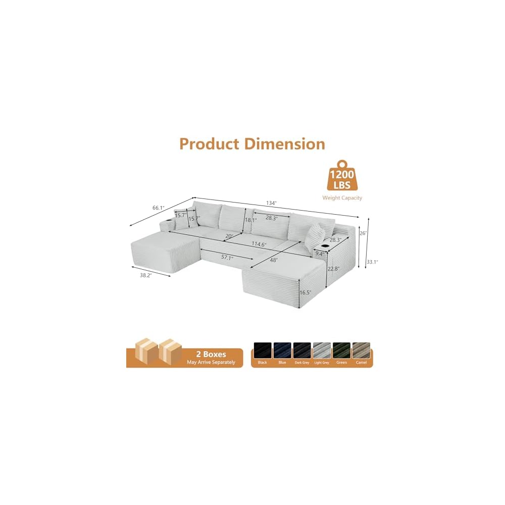 134" Modular Sectional Sofa with Movable Chaises, Boneless Couches with Cup Holders for Living Room,Oversized U Shaped Sectional Couch, Modern Cloud Corner Sofa with Storage, 6 Seater- Gray