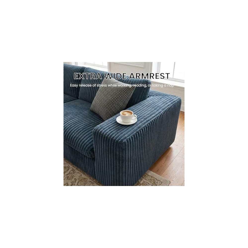 Oversized 158 "W Corduroy Boneless Couches for Living Room, No Assembly Required, Modular Sectional Sofa, Thick Cushion&Memory foam, Compress Upholstered Couches for Apartment/Office (Blue, 4 Seater)