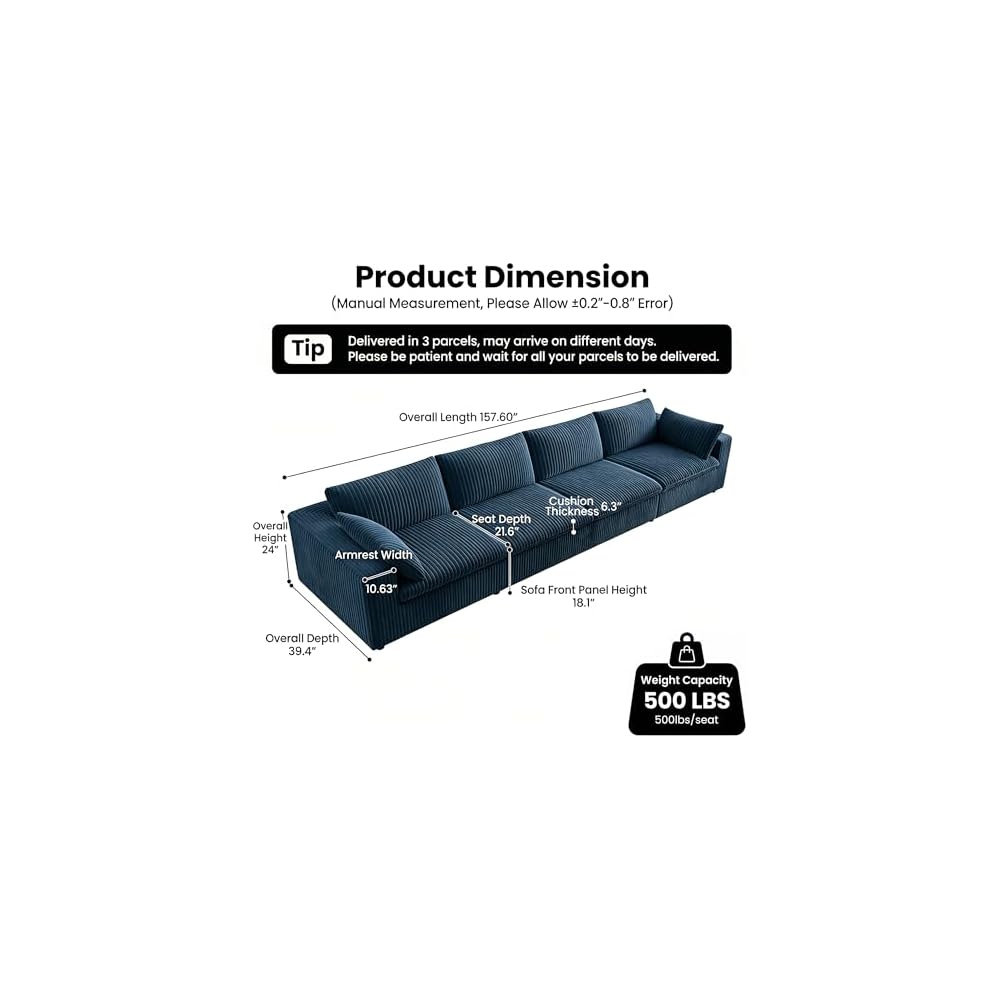 Oversized 158 "W Corduroy Boneless Couches for Living Room, No Assembly Required, Modular Sectional Sofa, Thick Cushion&Memory foam, Compress Upholstered Couches for Apartment/Office (Blue, 4 Seater)