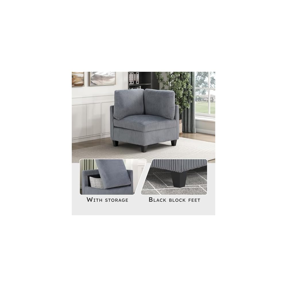 Lexicon Modular Sectional Sofa for Living Room, Corduroy Corner Seat with Storage, Units of Modular Sectional Couch, Upholstered Chair for Customizable Sectional Sofa Couch, Grey