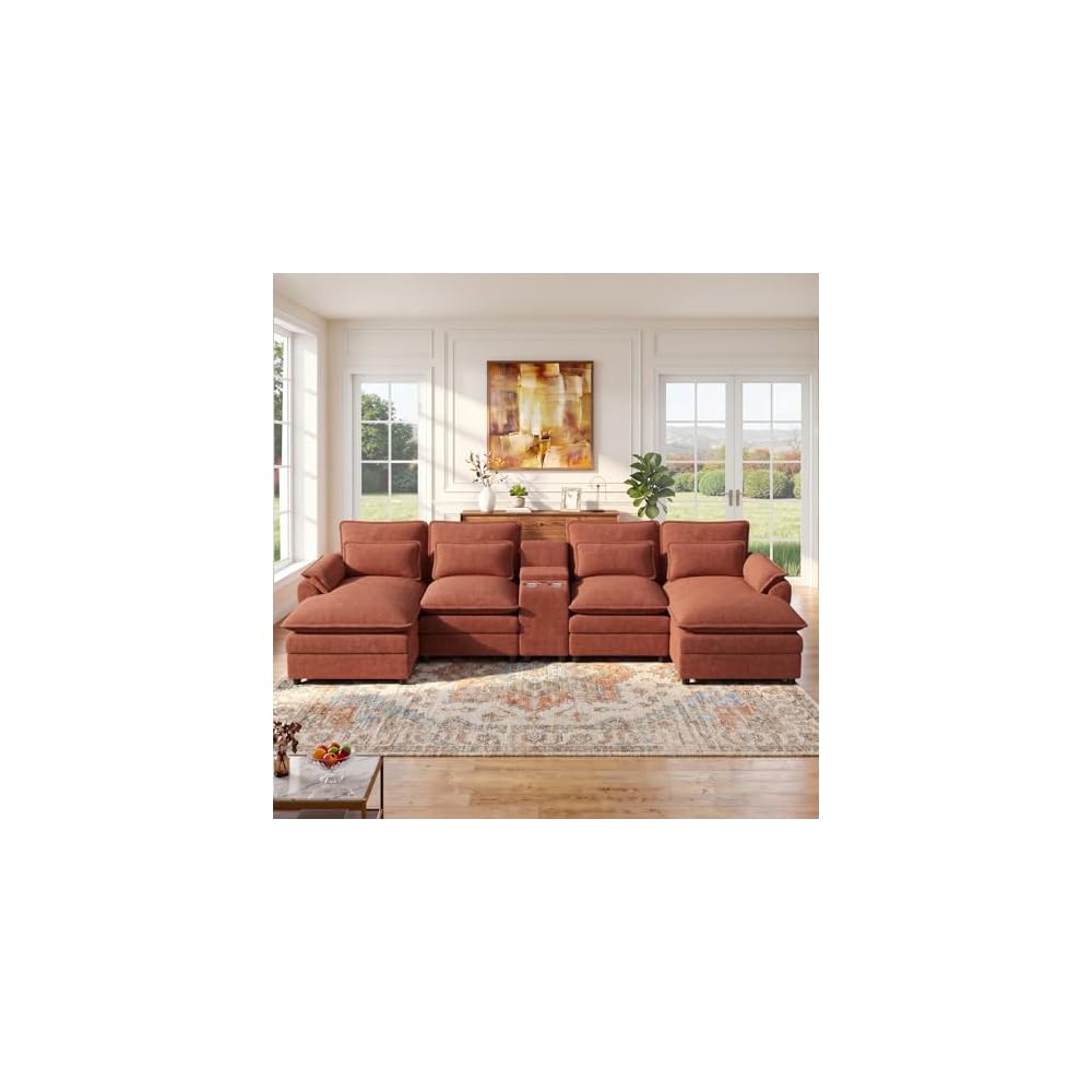 134" U Shaped Modular Sectional Sofa, Oversized Cloud Couch with Double Chaise Lounge, Storage Console, Cup Holders & USB Port, Comfy Chenille Deep Seat Couch Set for Living Room, Brown
