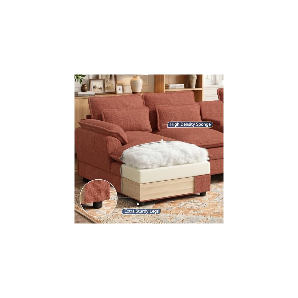 134" U Shaped Modular Sectional Sofa, Oversized Cloud Couch with Double Chaise Lounge, Storage Console, Cup Holders & USB Port, Comfy Chenille Deep Seat Couch Set for Living Room, Brown