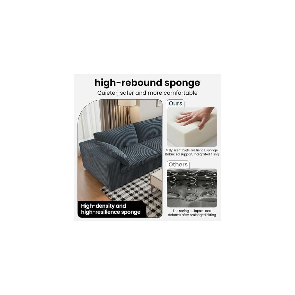 Oversized 158 "W Corduroy Boneless Couches for Living Room, No Assembly Required, Modular Sectional Sofa, Thick Cushion&Memory foam, Compress Upholstered Couches for Apartment/Office (Blue, 4 Seater)