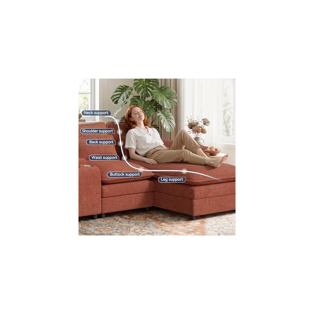 134" U Shaped Modular Sectional Sofa, Oversized Cloud Couch with Double Chaise Lounge, Storage Console, Cup Holders & USB Port, Comfy Chenille Deep Seat Couch Set for Living Room, Brown