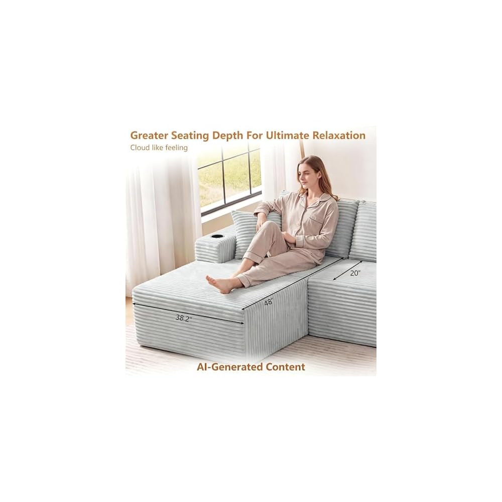 134" Modular Sectional Sofa with Movable Chaises, Boneless Couches with Cup Holders for Living Room,Oversized U Shaped Sectional Couch, Modern Cloud Corner Sofa with Storage, 6 Seater- Gray