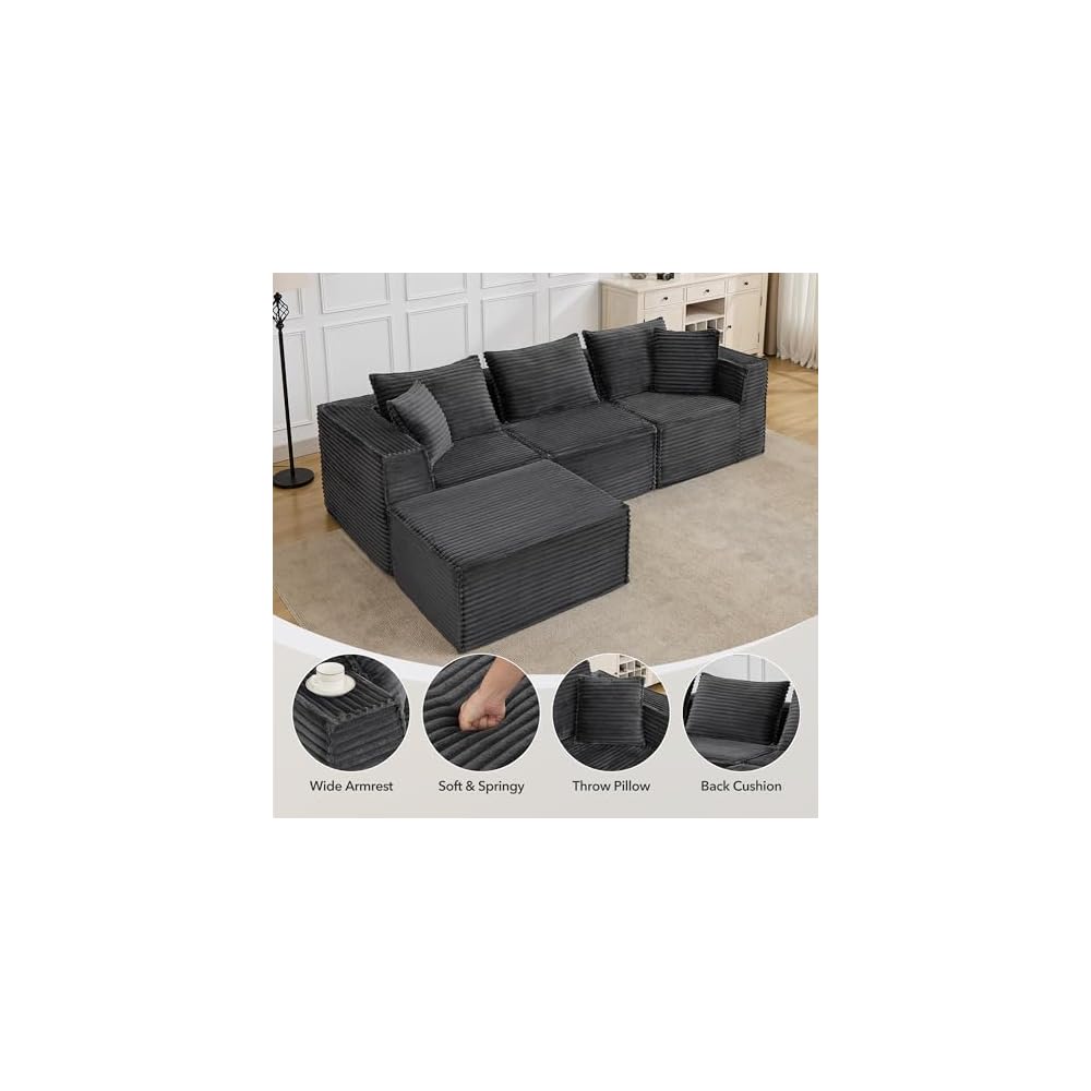 107" Modular Sectional Sofa,Modern Cloud Sectional Couch with Deep Seat, L-Shape Boneless Couch with Chaise for Living Room Apartments Bedroom, No Assembly Required (3 Seater + 1 Ottoman),Grey