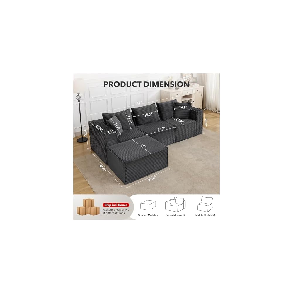 107" Modular Sectional Sofa,Modern Cloud Sectional Couch with Deep Seat, L-Shape Boneless Couch with Chaise for Living Room Apartments Bedroom, No Assembly Required (3 Seater + 1 Ottoman),Grey