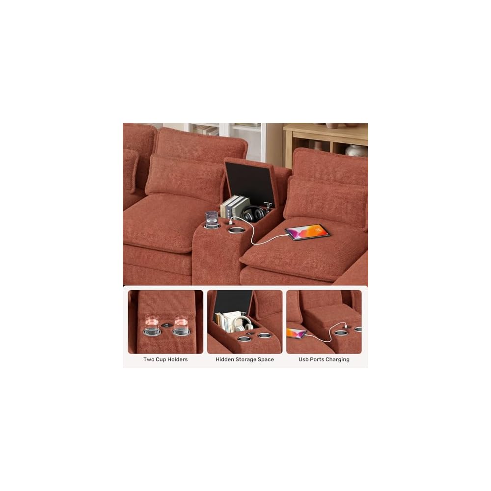 134" U Shaped Modular Sectional Sofa, Oversized Cloud Couch with Double Chaise Lounge, Storage Console, Cup Holders & USB Port, Comfy Chenille Deep Seat Couch Set for Living Room, Brown