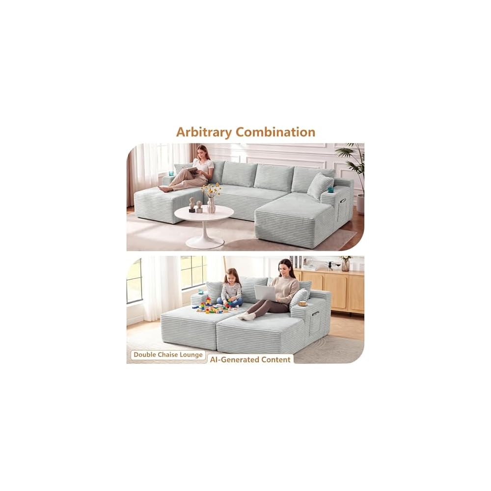 134" Modular Sectional Sofa with Movable Chaises, Boneless Couches with Cup Holders for Living Room,Oversized U Shaped Sectional Couch, Modern Cloud Corner Sofa with Storage, 6 Seater- Gray