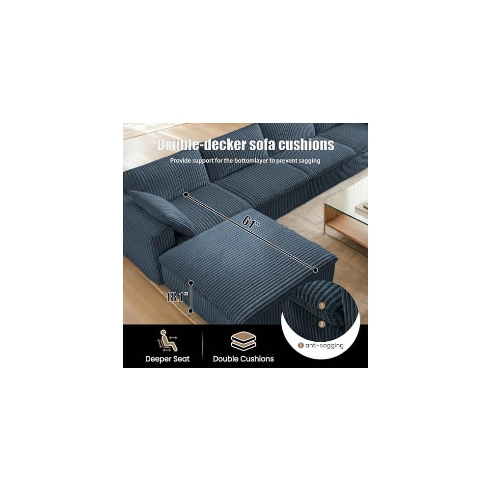Oversized 158 "W Corduroy Boneless Couches for Living Room, No Assembly Required, Modular Sectional Sofa, Thick Cushion&Memory foam, Compress Upholstered Couches for Apartment/Office (Blue, 4 Seater)