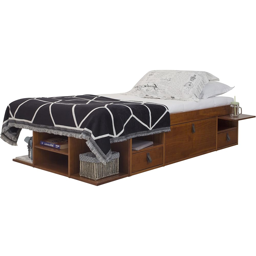 memomad Bali Twin Size Storage Platform Bed with 2 Drawers, 6 Shelves, 1 Door Cabinet, 1 Pullout Nightstand, Solid Pine Wood Bed Frame with Underbed Storage, No Box Spring Needed, Caramel Brown