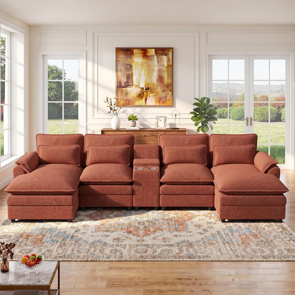 134" U Shaped Modular Sectional Sofa, Oversized Cloud Couch with Double Chaise Lounge, Storage Console, Cup Holders & USB Port, Comfy Chenille Deep Seat Couch Set for Living Room, Brown